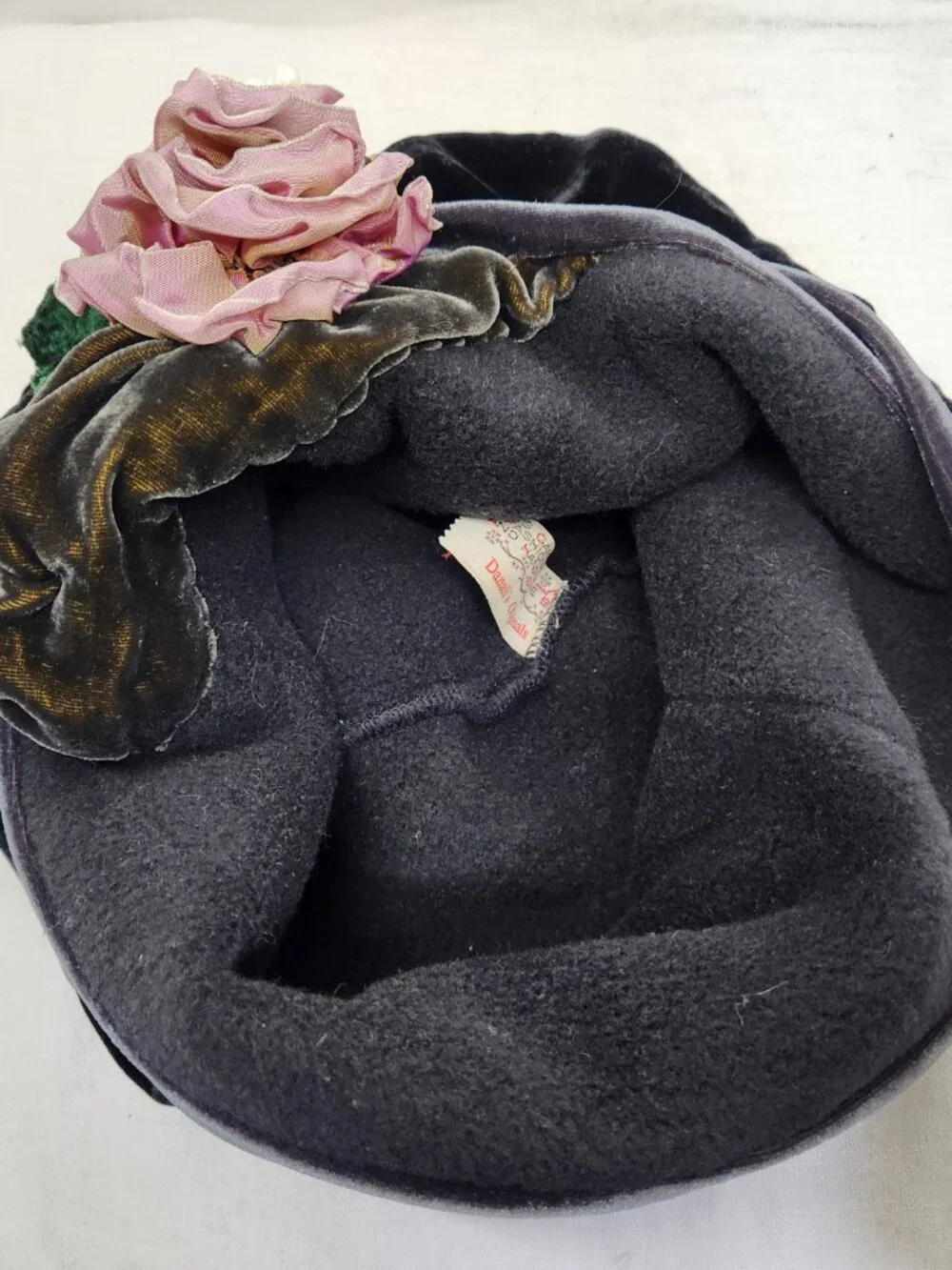Vintage Danali's Originals 50s Pink Ruffled Flower Velvet Cap Hat M/L - Picture 6 of 7